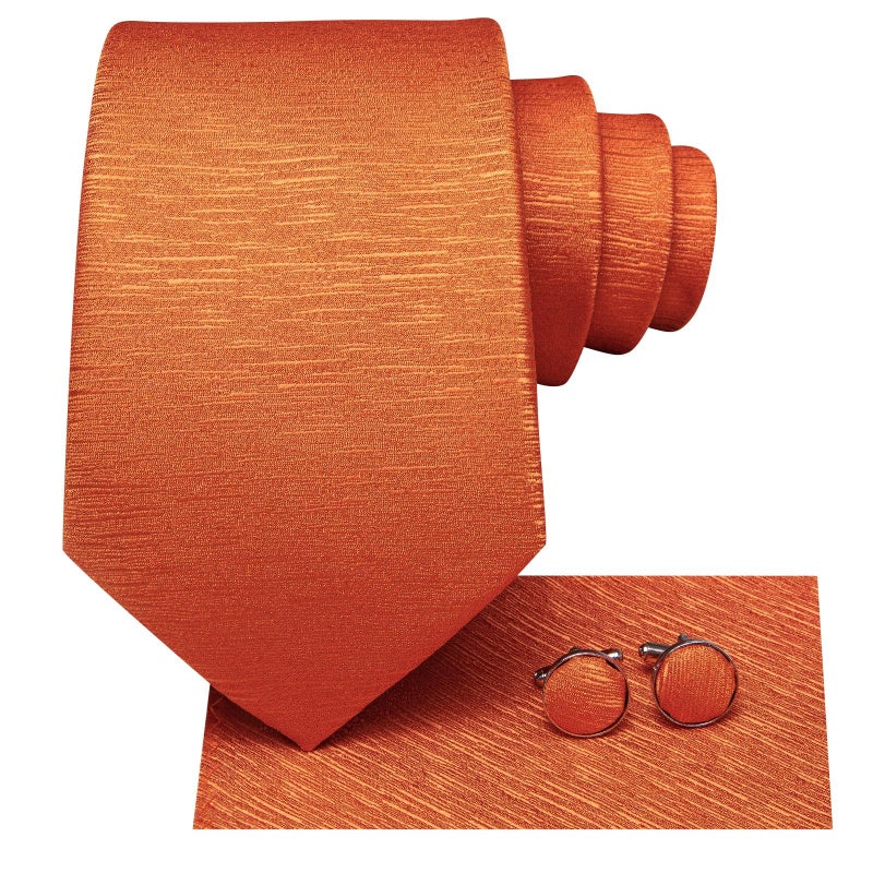 Dubulle Mens Tie Set Solid Paisley Silk Striped Necktie for Men with Cufflinks Tie and Pocket Square,Orange Solid - Image 2